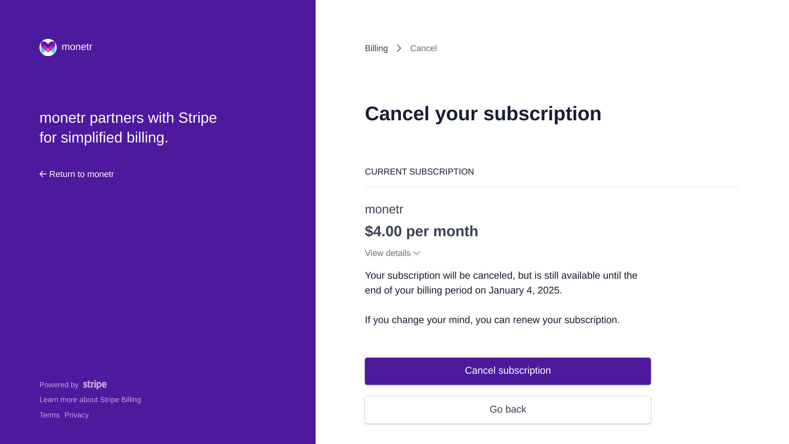 Billing cancel page in Stripe