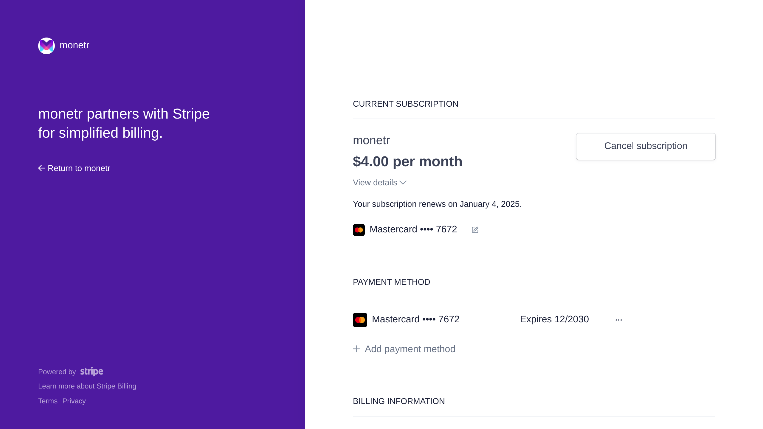 Billing management page in Stripe