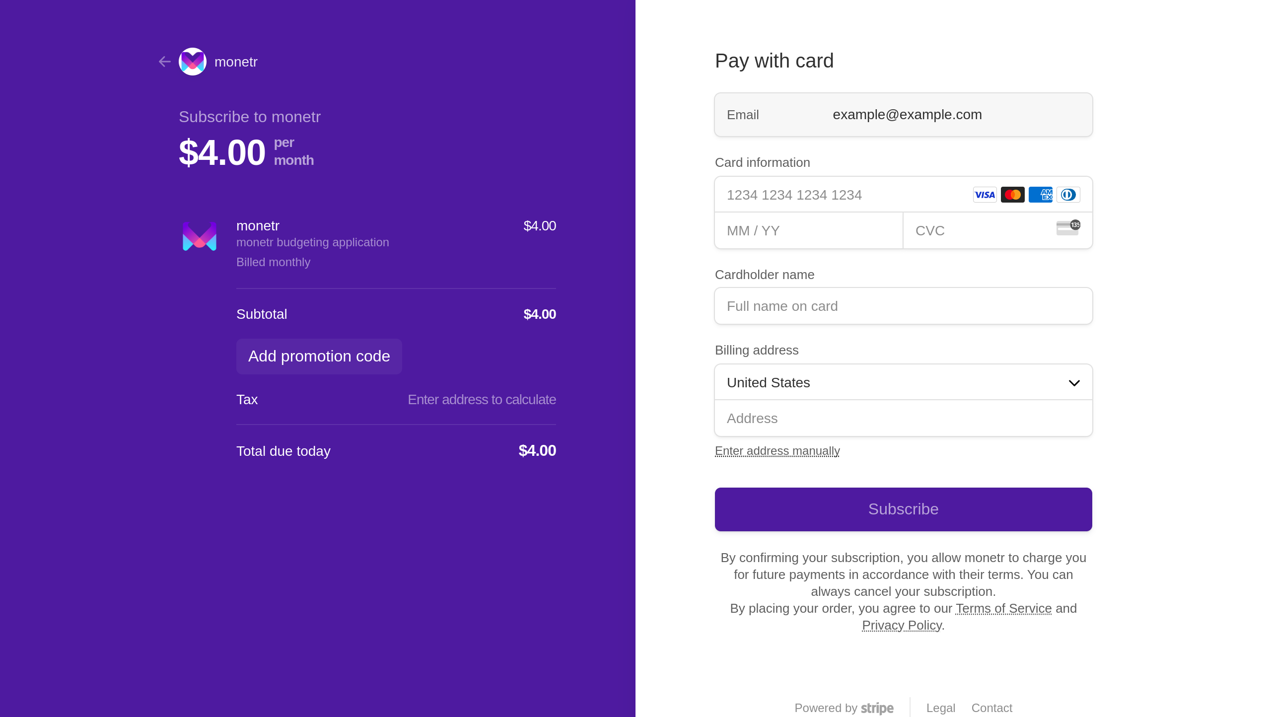 Stripe hosted subscription page