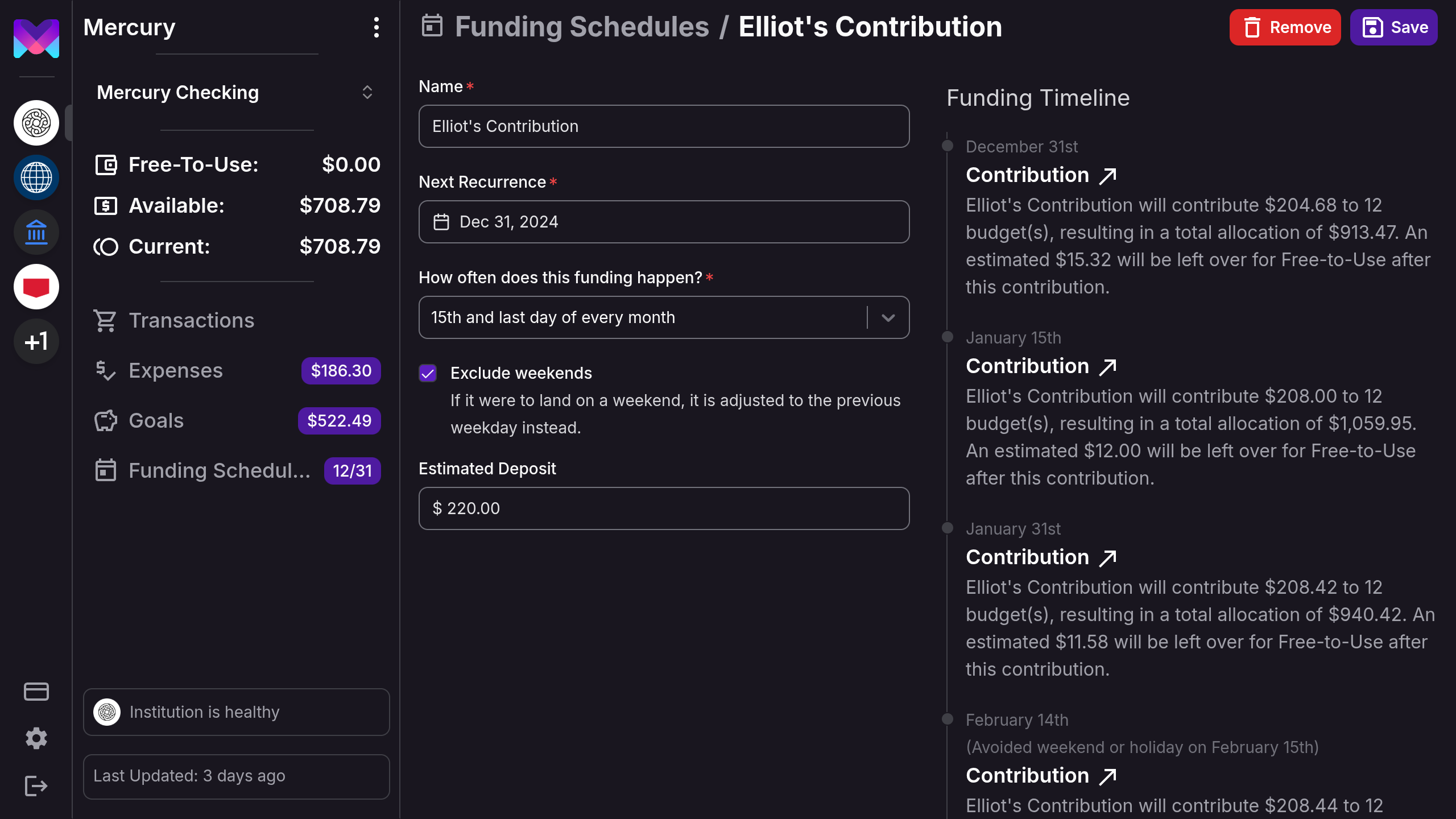 Screenshot of funding schedule