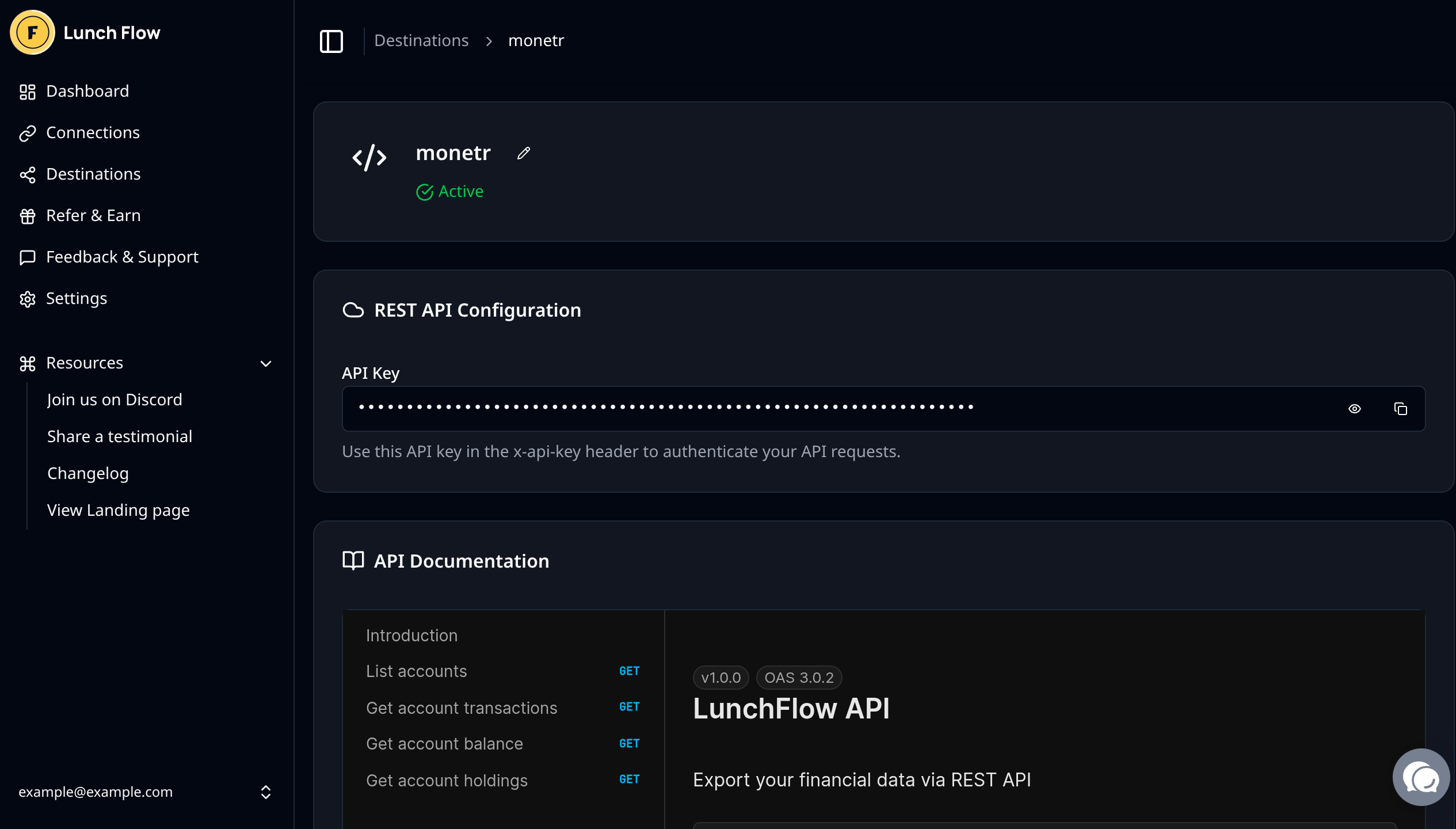 Lunch Flow connection details
