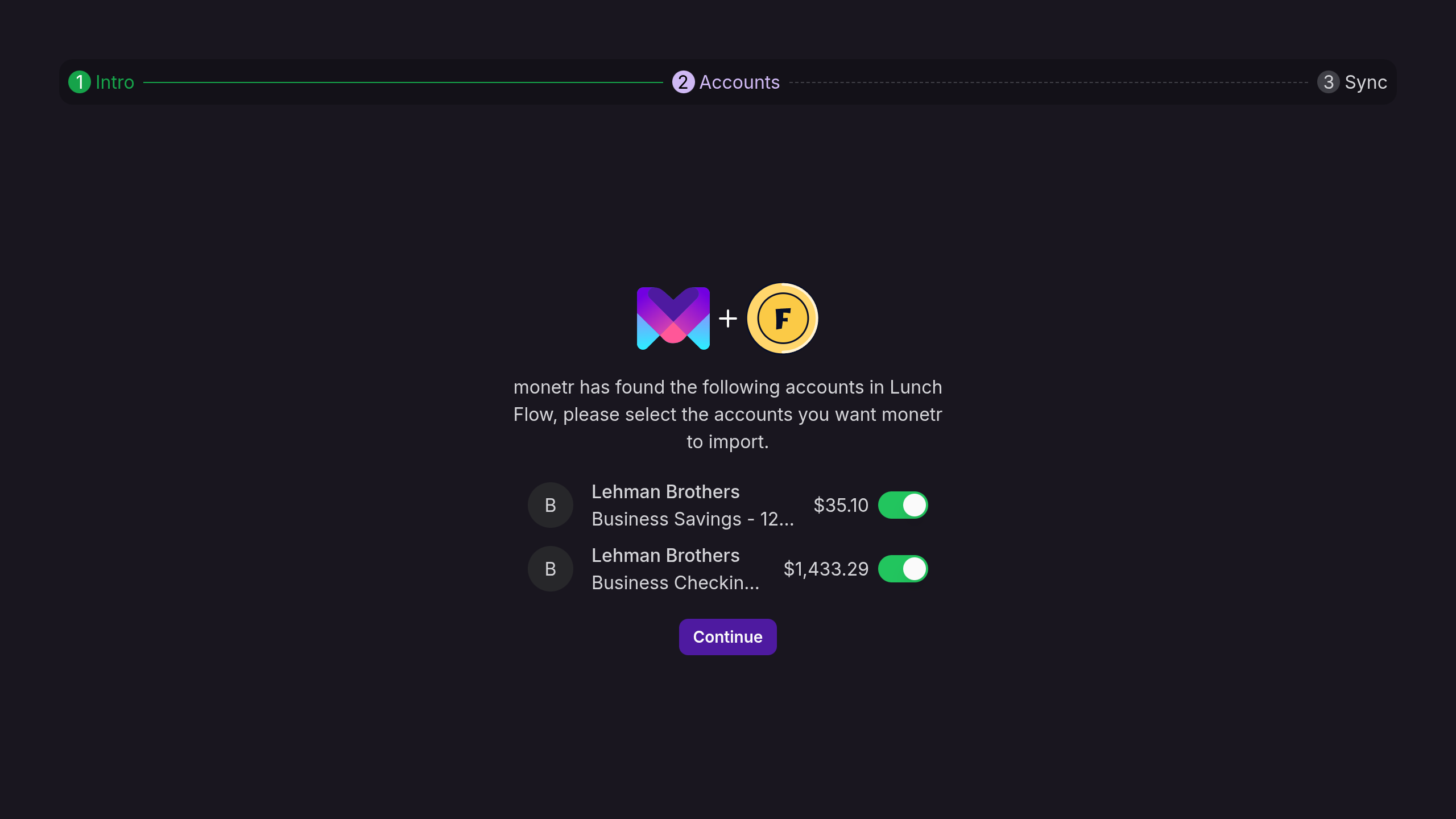 monetr Lunch Flow account selection