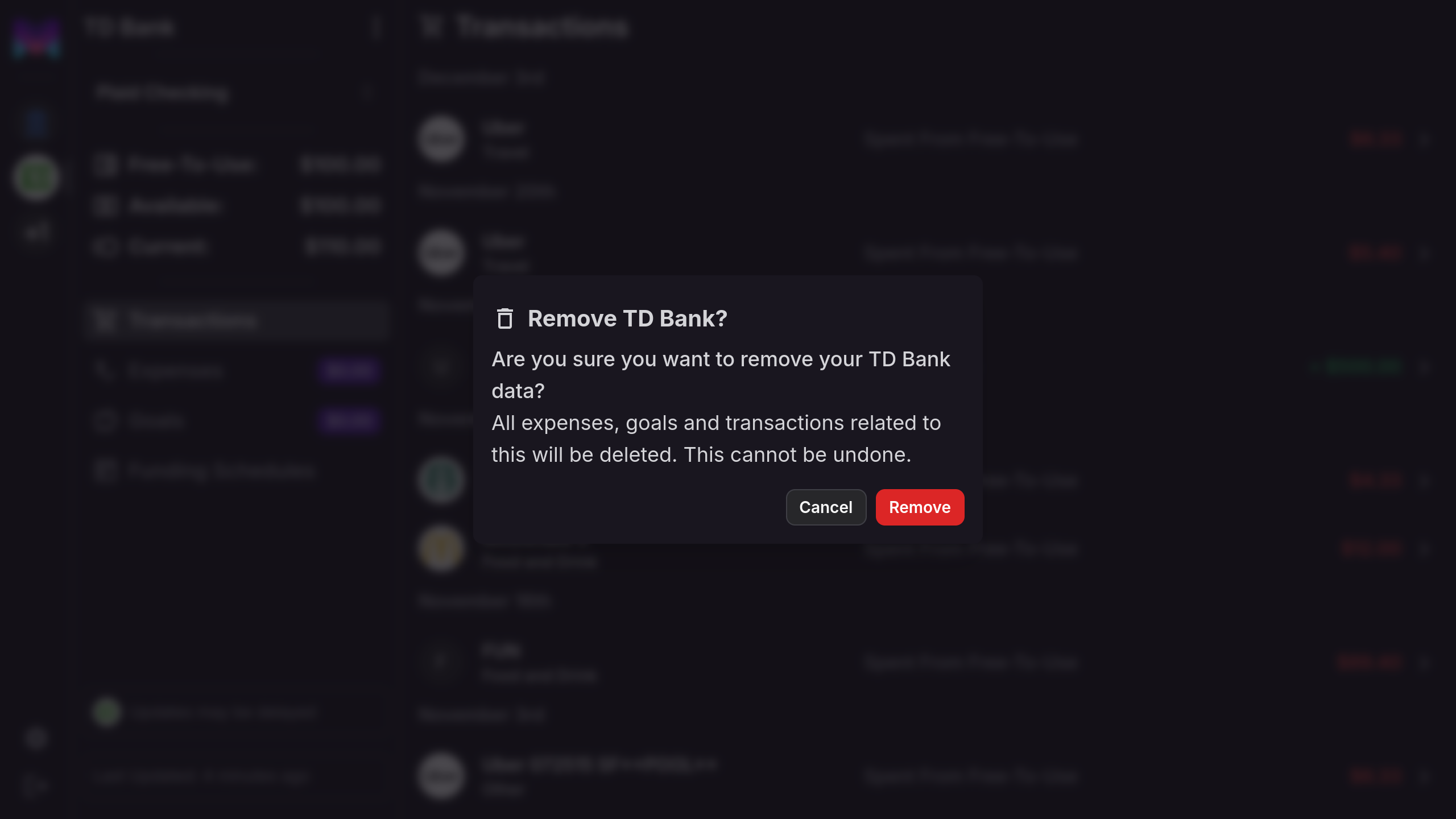 Remove Plaid link confirmation modal