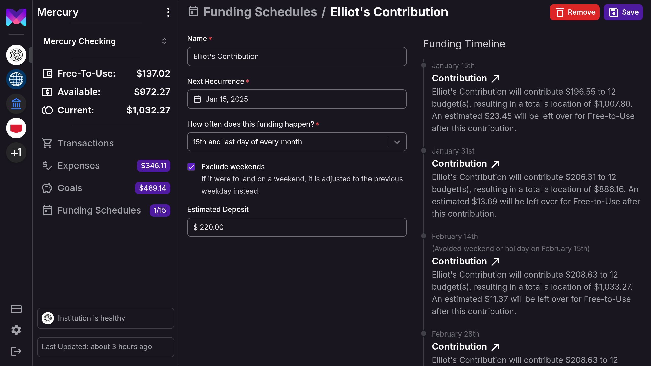 Screenshot of the monetr app showing funding and contribution details on destop.