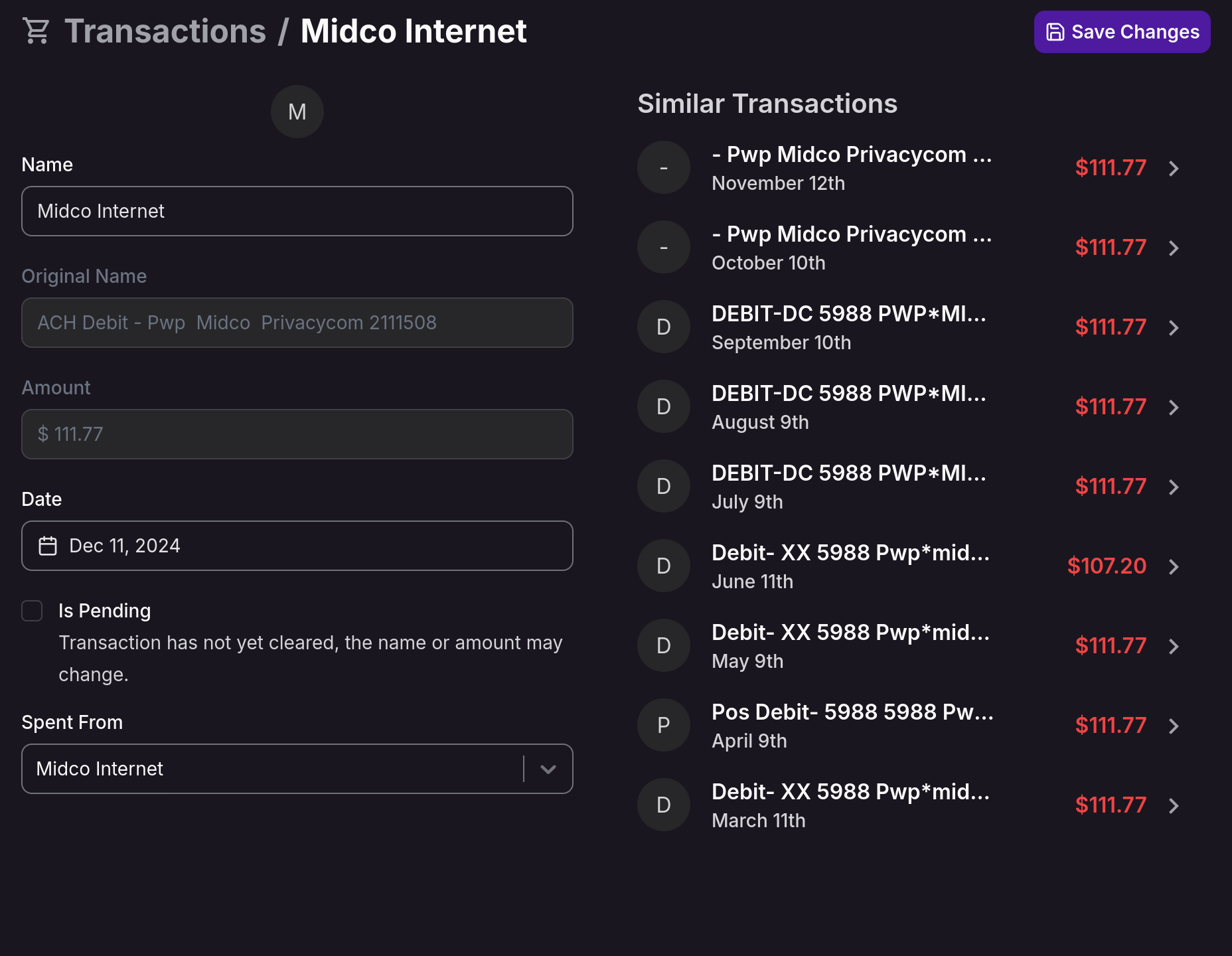 Similar Transactions Example