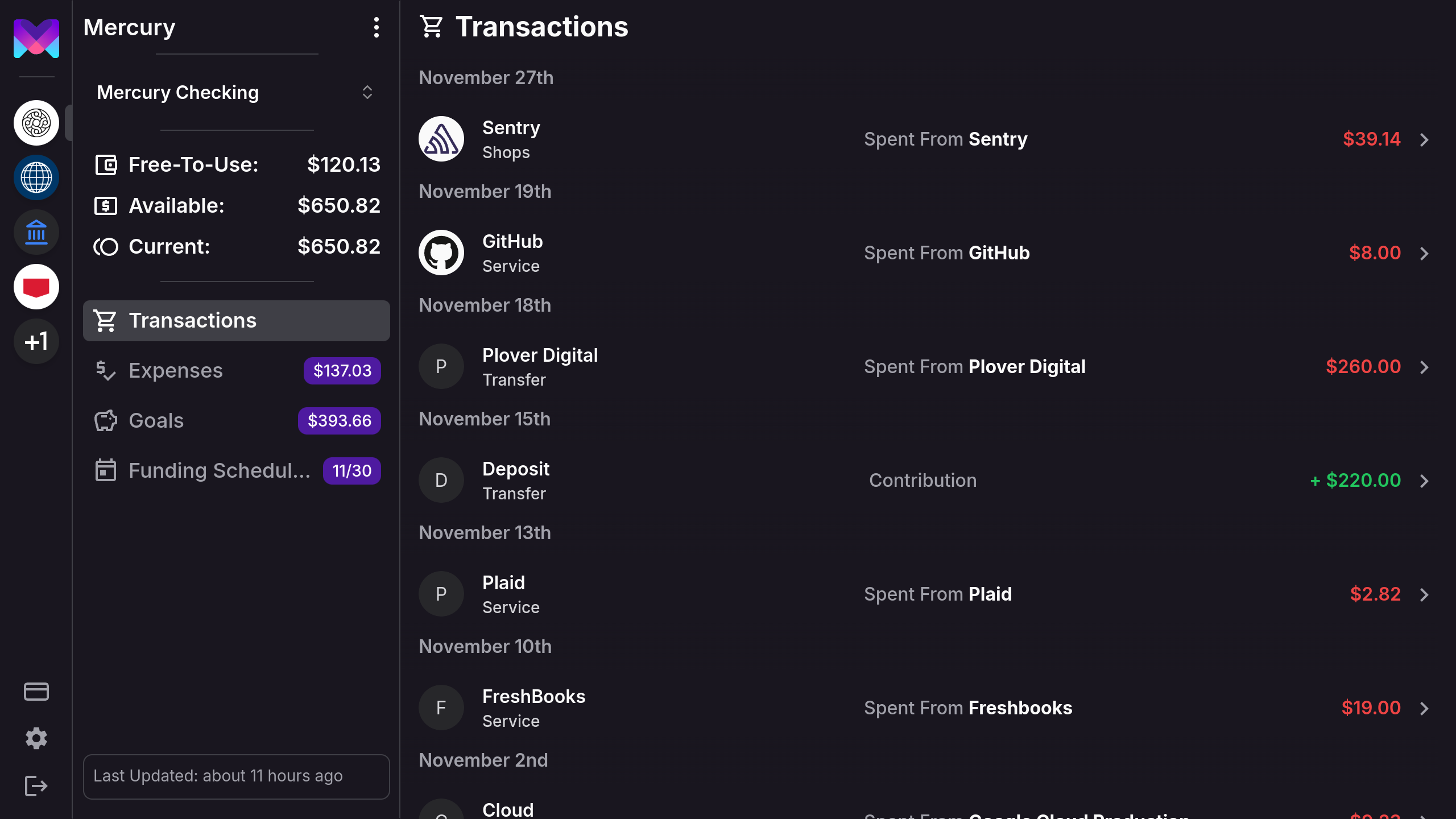 Screenshot of the monetr app showing the main view of transactions and balances of the budget.