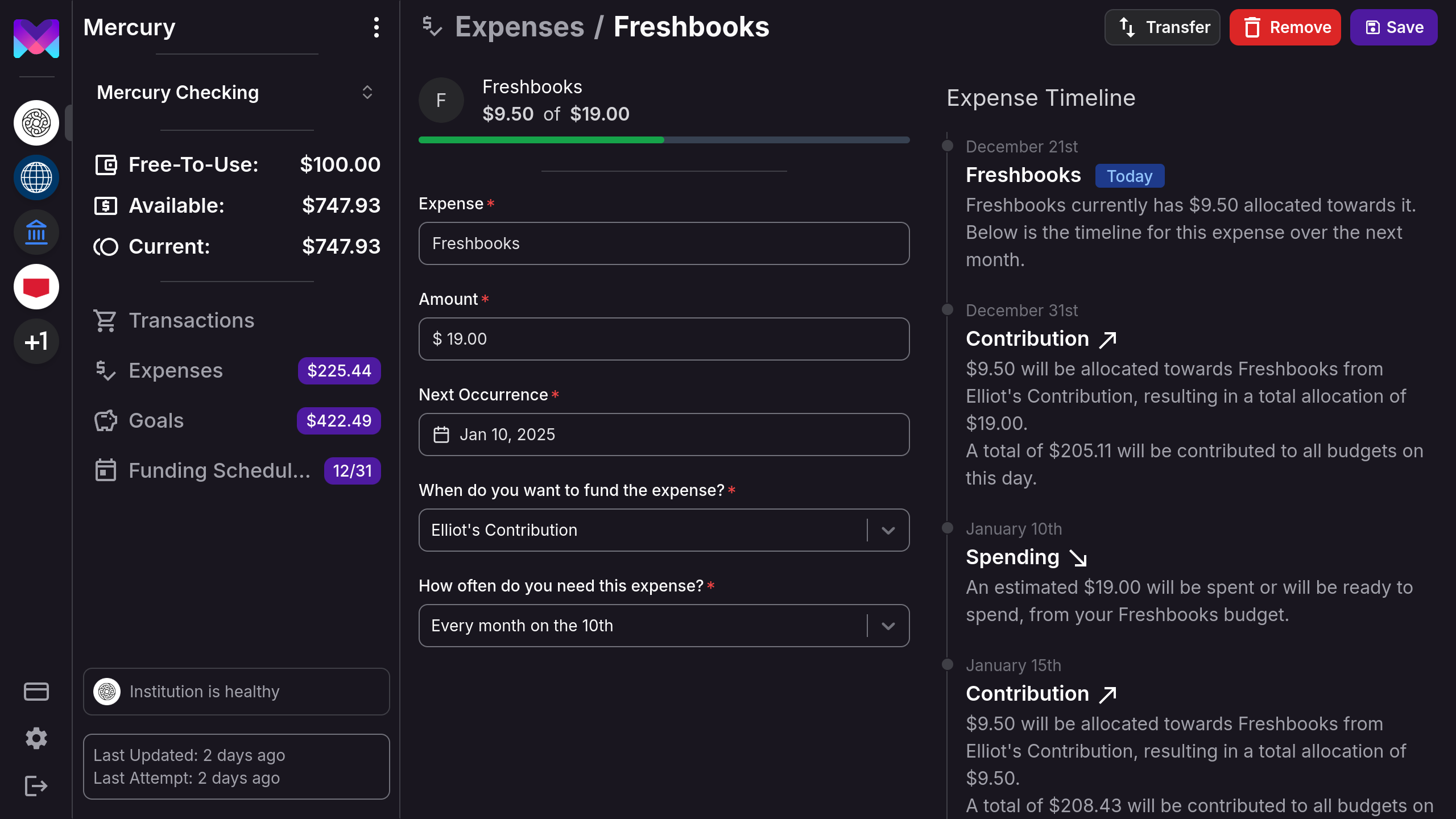 Expense details showing the transfer button